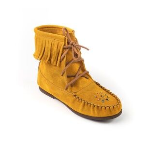 Bastien Yarahkwa’ (Sunbeam) Suede Moccasin Bootie Hand Beaded Fringe Shoes